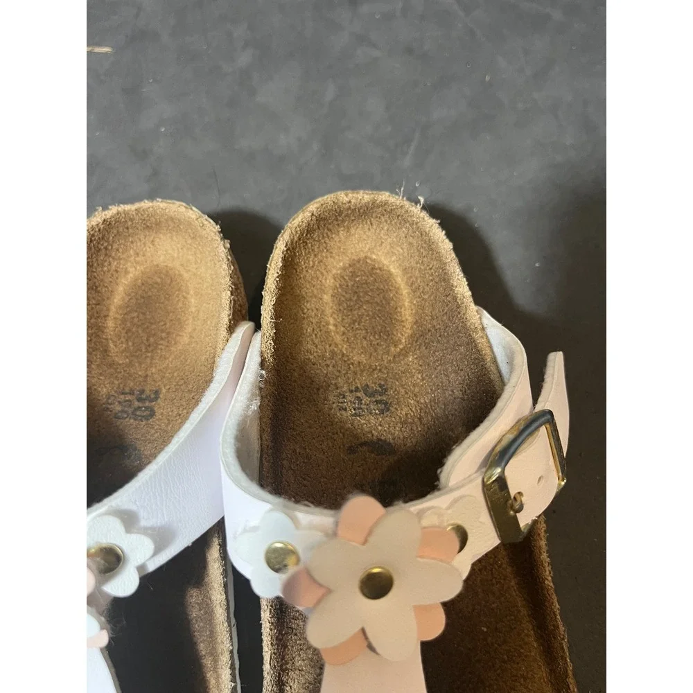 Birkenstock Gizeh Sandals Kids Size 30 White Floral Cork T-Strap Buckle Shoes